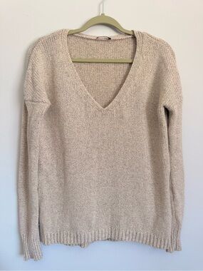 Theory V-Neck Oversized Marl Knit Pullover Sweater Beige Cream